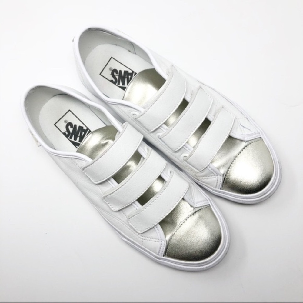Vans White Leather Metallic Velcro Sneakers